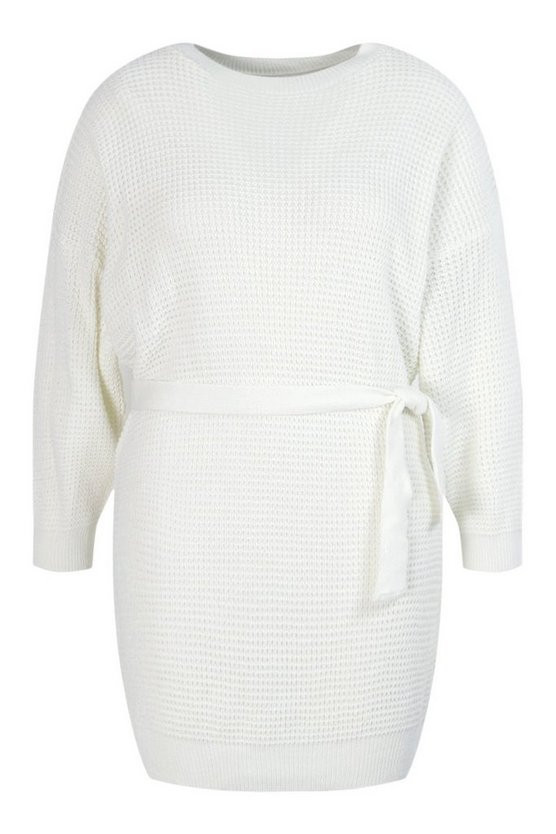 Plus Waffle Knitted Self Belt Sweater Dress | Boohoo.com (US & CA)
