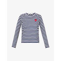 Comme Des Garcons Play Ladies Navy Blue and White Heart-Embroidered Striped Cotton-Jersey Top | Selfridges
