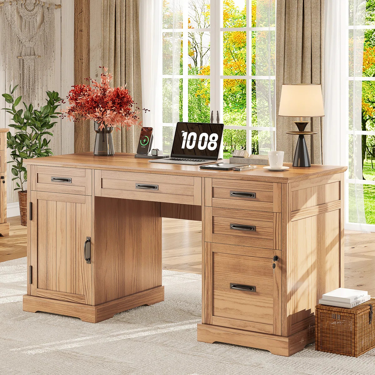 Clabe 55'' Farmhouse Executive Desk with Drawers, File Cabinet and Power Outlets | Wayfair North America