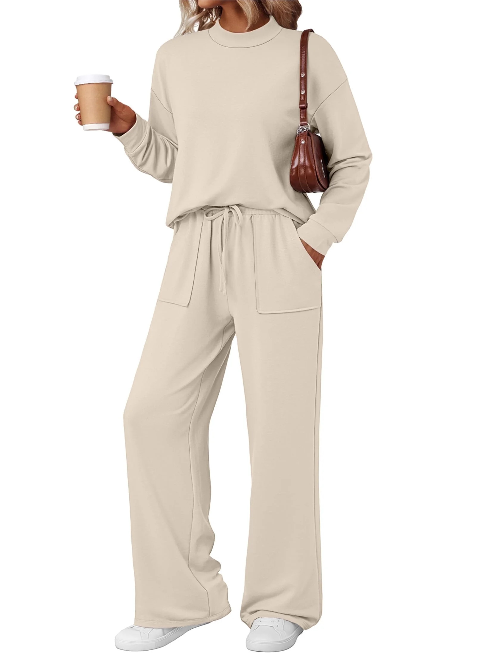 SUNBS Two Piece Sets for Women Fall Outfits Lounge Sets Mock Neck Tops Wide Leg Pants Vacation Tr... | Walmart (US)