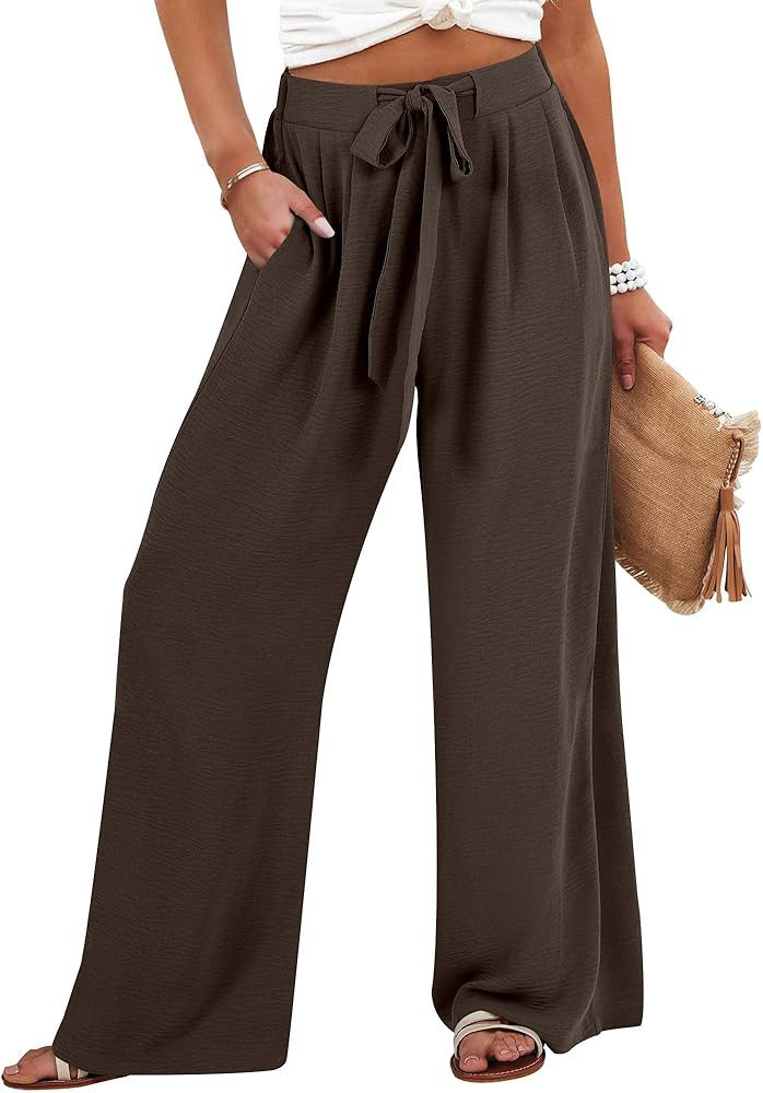 Caracilia Womens Wide Leg Palazzo Pants High Waisted Adjustable Tie Knot Flowy Trousers Casual Lo... | Amazon (US)