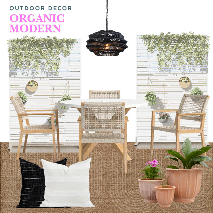 Organic modern outdoor decor, contemporary patio furniture, modern outdoor decorating | outdoor dining set, woven chandelier, neutral outdoor rug, ceramic planters, striped pillows  

 #LTKcanada #LTKsummer #LTKhome
