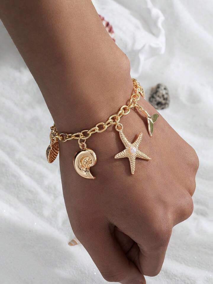 1pc 18K Gold Plated Alloy Starfish, Shell, Mermaid Pendant Bracelet, Suitable For Daily Wear And Vacation | SHEIN