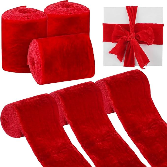 Jutom 3 Rolls Velvet Ribbon for Gift Wrapping Fringe Ribbons Raw Edge Silk Velvet Ribbon Christma... | Amazon (US)