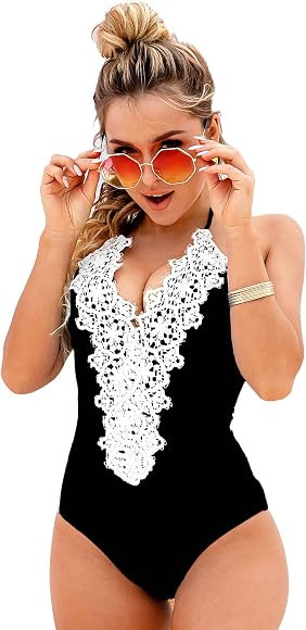 Blooming Jelly Women's Vintage One Piece Swimsuit Lace Tummy Control Halter Swimwear Bathing Suit | Amazon (US)