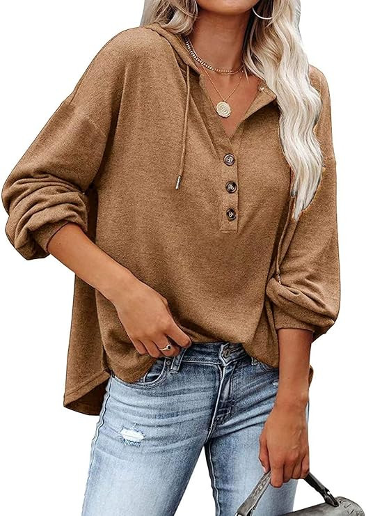 REVETRO Women's V Neck Long Sleeve Button Down Sweatshirts Hoodies Hooded Knit Henley Shirts Tuni... | Amazon (CA)