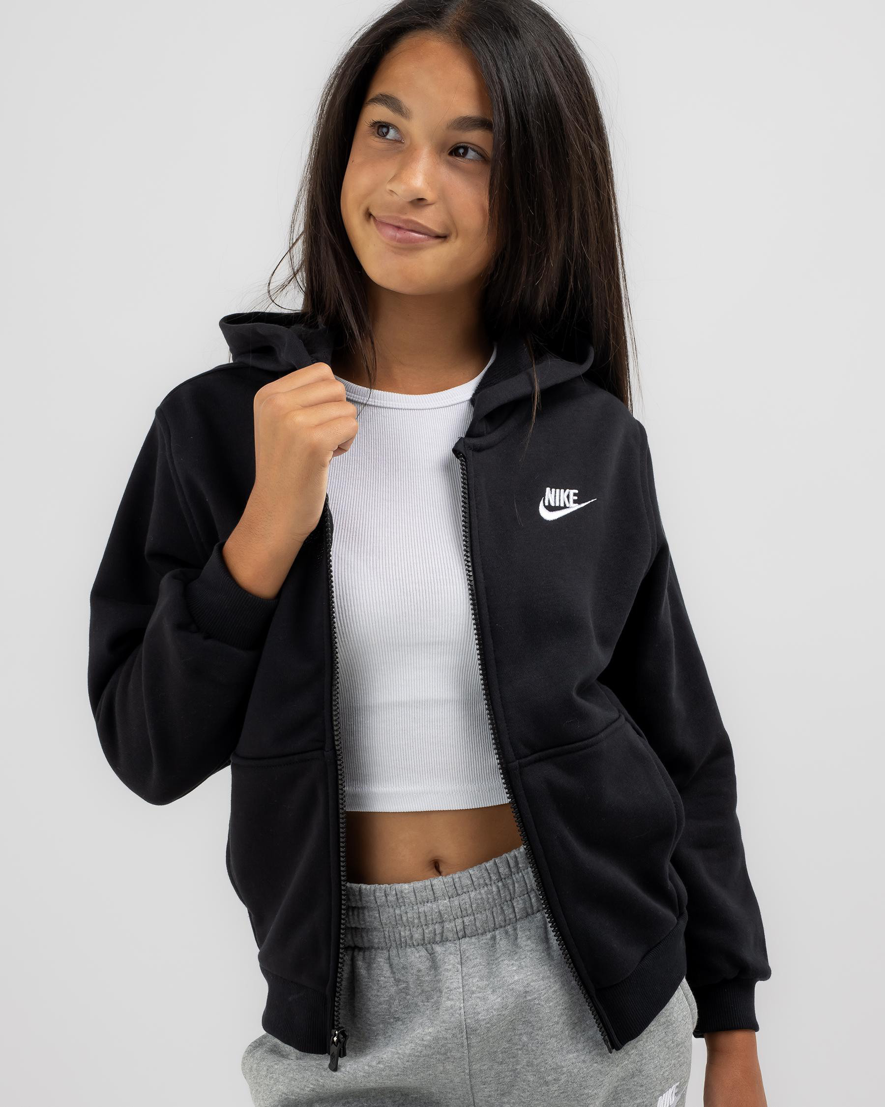 Nike Girls' Nsw Club Full Zip Hoodie in Black/White Size Small | City Beach (US)