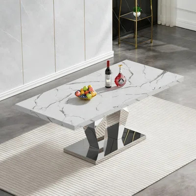 White Marble Dining Table, Luxurious 70" Marble Table Dining with 2.36" Thick Printed Marble Tabletop and Stainless Steel Pedestal, Modern Kitchen Din | Wayfair North America