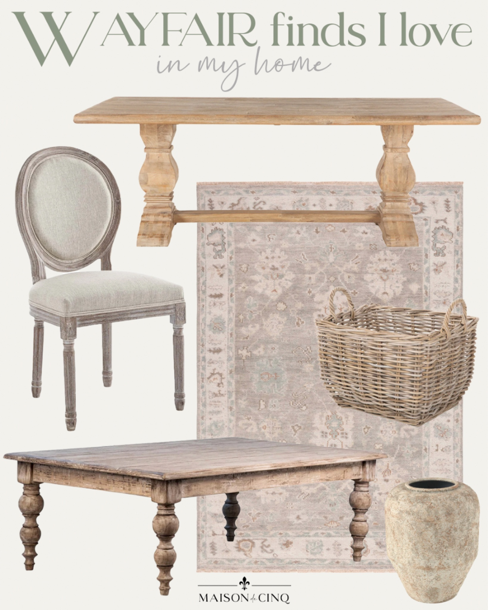 Wayfair is one of my favorite places to find French-inspired pieces - and many of them are in our home including our new rustic coffee table!

Home decor, living room, area rug, coffee table, dining chair, dining table, rustic vase, baskets 



#LTKHome #LTKxWayfair #LTKFindsUnder100