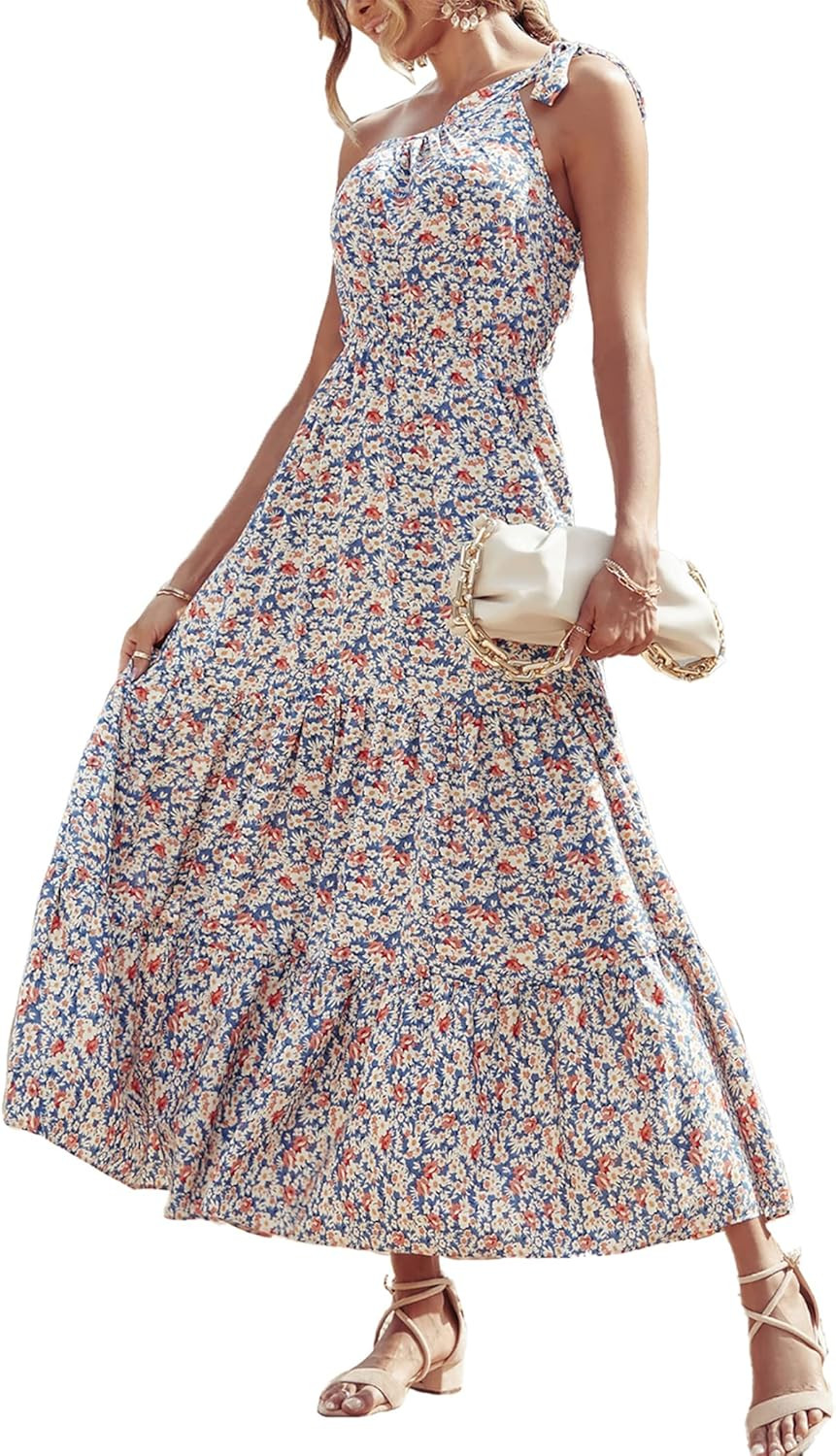 PRETTYGARDEN Women's Floral Summer Dress 2023 Knot One Shoulder Sleeveless Ruffle Hem Flowy Boho ... | Amazon (US)