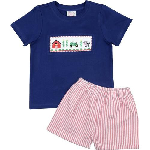 Red Seersucker Smocked Farm Short Set - Shipping Late April | Cecil and Lou