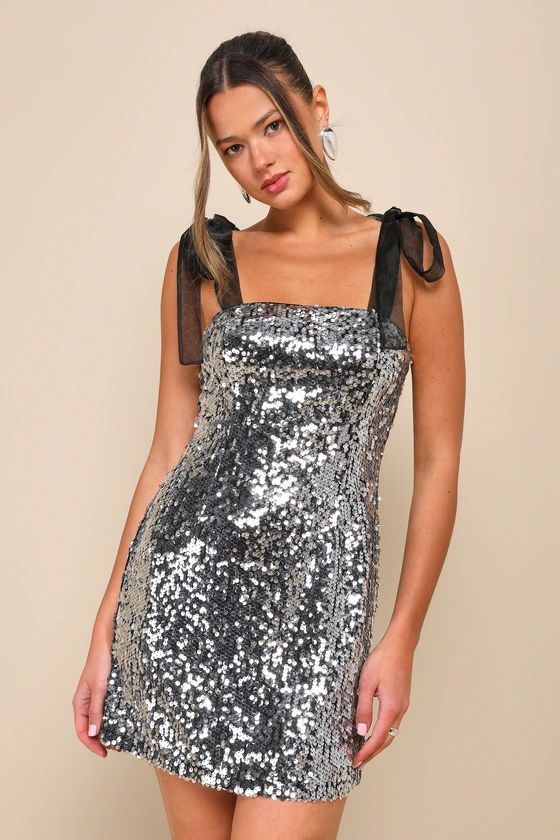Dazzling Spectacle Black and Silver Sequin Tie-Strap Mini Dress | Lulus