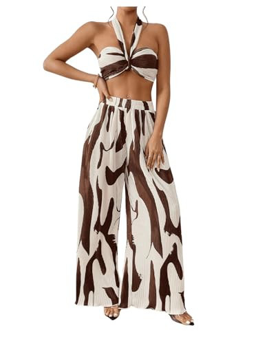 OYOANGLE Women's 2 Piece Vacation Outfits Graphic Print Knitted Crop Halter Top and Wide Leg Pants Set Brown Large | Amazon (US)