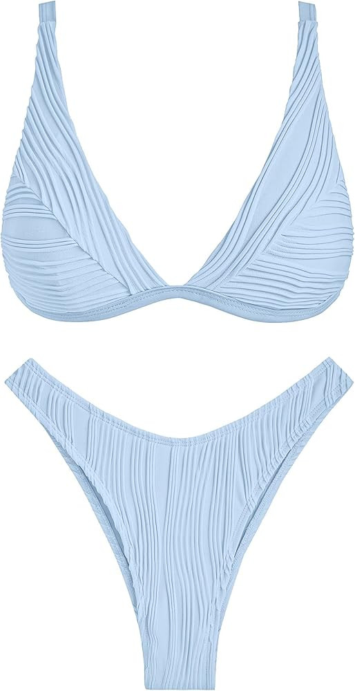 ZAFUL Bikini Sets for Women Triangle Textured Plunging High Cut Cheeky Bikini Swimsuits Two Piece... | Amazon (US)