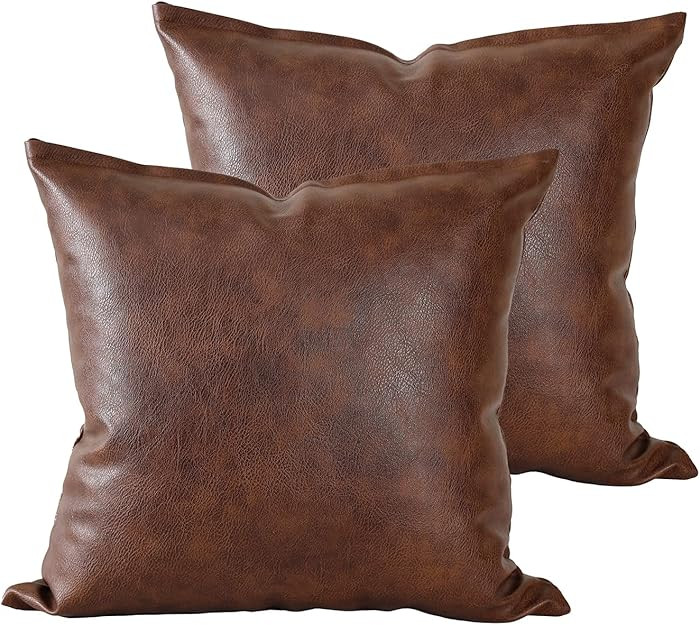 PANOD Set of 2 Faux Leather Throw Pillow Covers, 20 x 20, Dark Brown | Amazon (US)