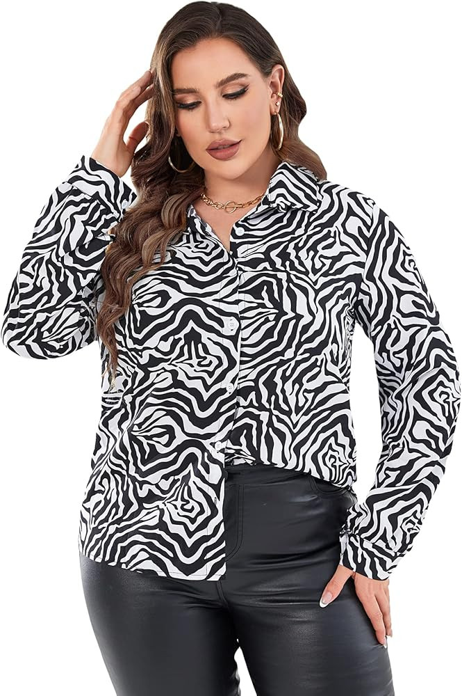 WDIRARA Women's Plus Size Zebra Stripe Print Button Down Shirt Long Sleeve Casual Blouse Top | Amazon (US)