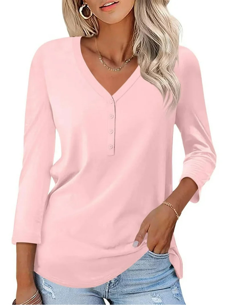 VDJ Women Tops Button V Neck 3/4 Sleeve T Shirts Casual Fall Tops Solid Color Basic Cute Pink Tee... | Walmart (US)