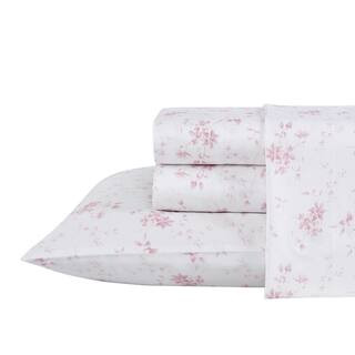 Laura Ashley Garden Muse 4-Piece Pink Floral T300 Cotton Queen Sheet Set | The Home Depot