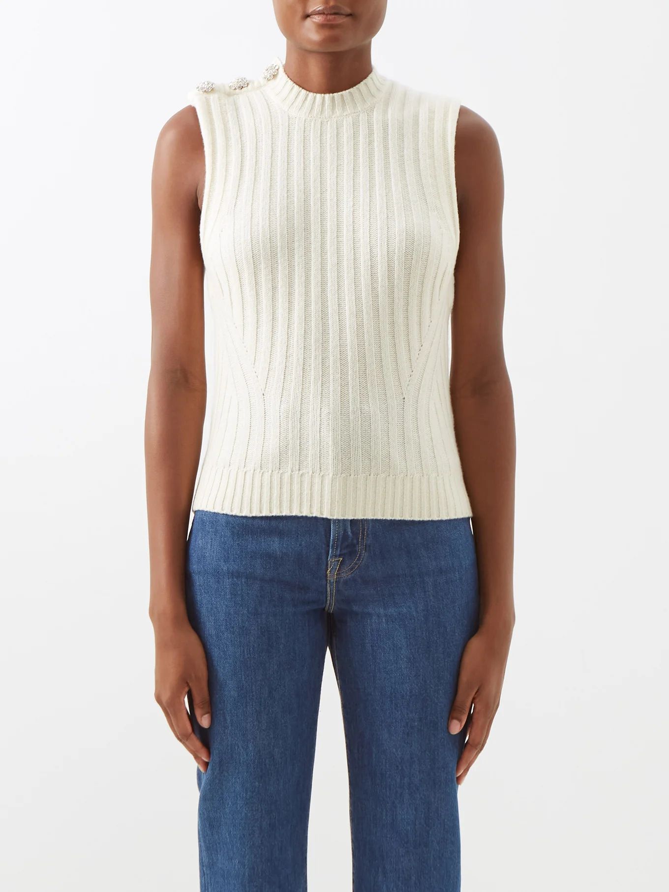 Crystal-button ribbed recycled wool-blend vest | Ganni | Matches (US)