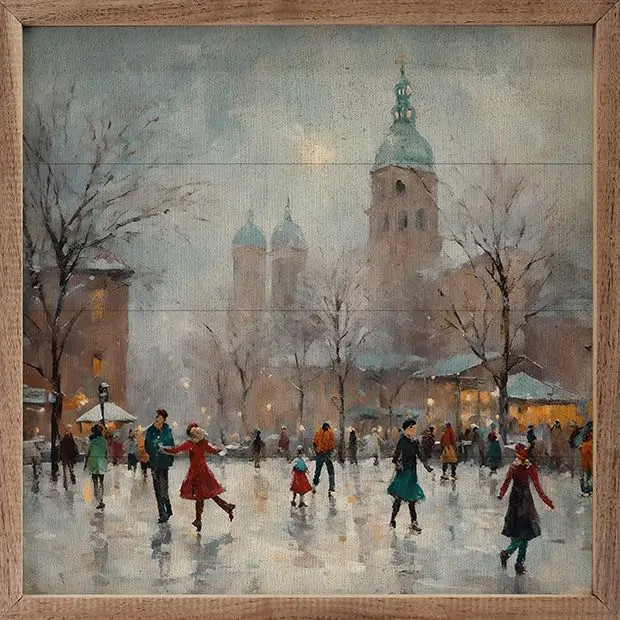 Ice Skating Fun Framed Wall Art | Antique Farm House