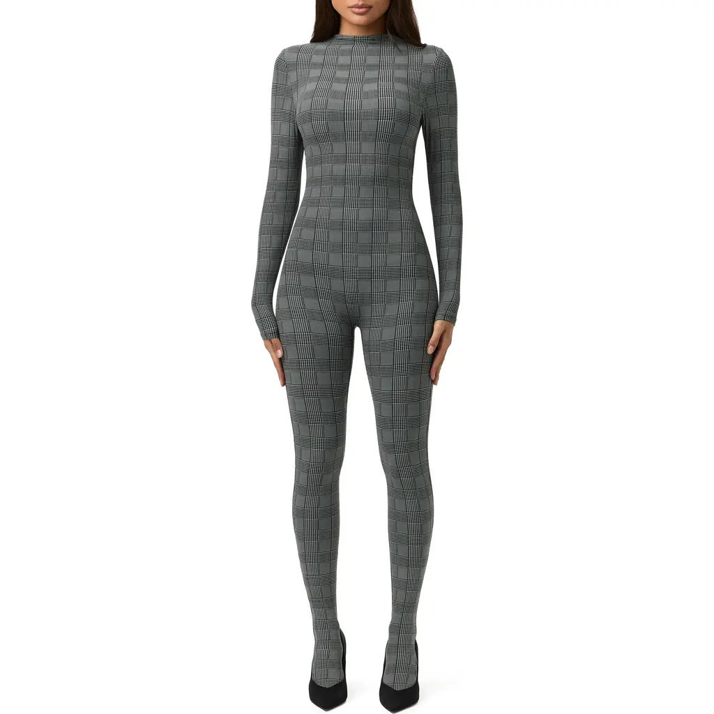 Naked Wardrobe Animal Print Closed Toe Jumpsuit in Houndstooth Plaid at Nordstrom, Size Medium | Nordstrom