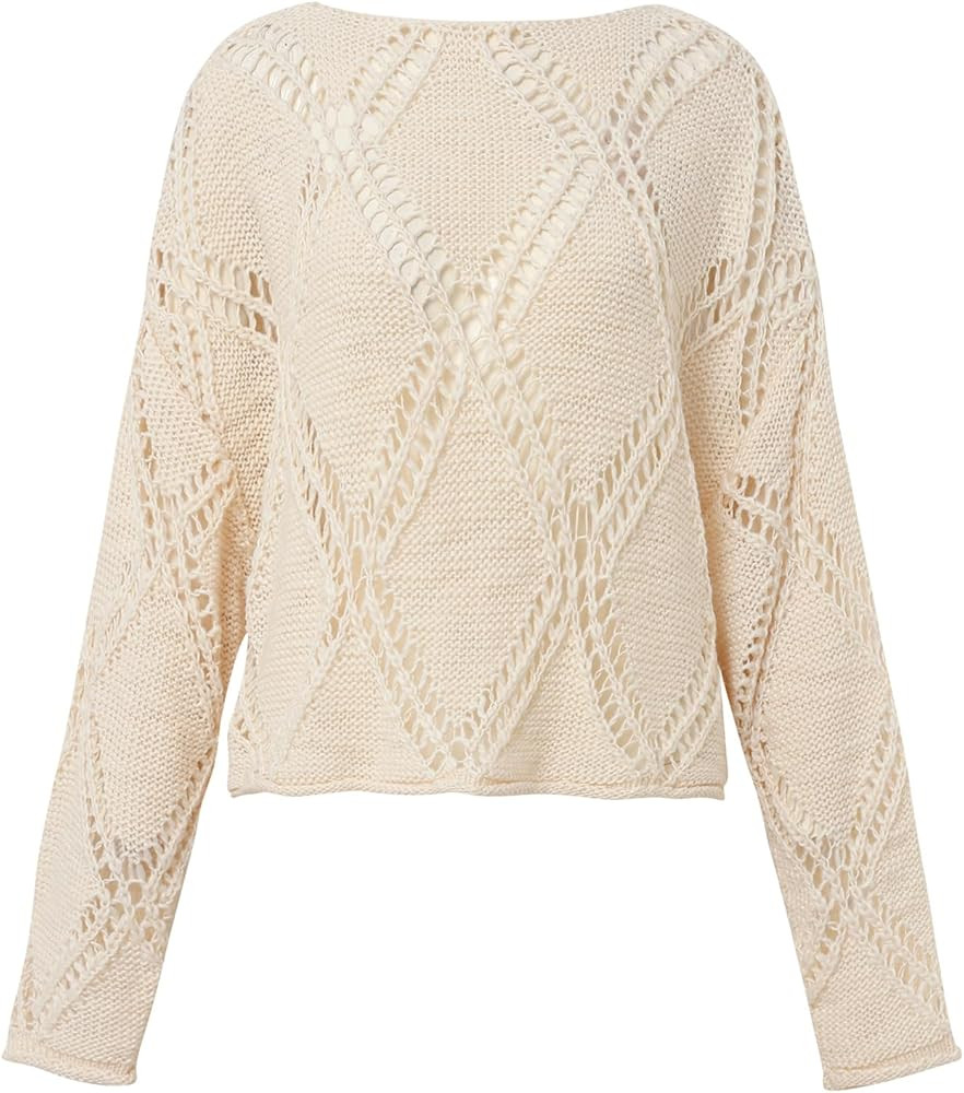 Women's Crew Neck Crochet Hollow Sweater Loose Long Sleeve Casual Knit Pullover Top | Amazon (US)