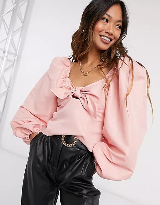 River Island square neck bow front top in pink | ASOS (Global)