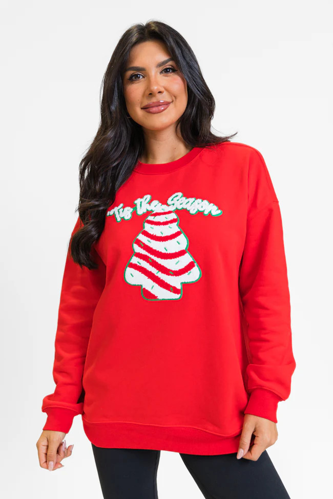 'Tis The Season Christmas Cake Patch Red Oversized Graphic Sweatshirt | Pink Lily
