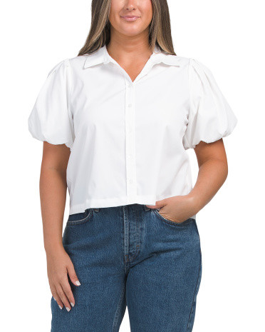 Matte Poplin Puff Short Sleeve Button Front Top | TJ Maxx