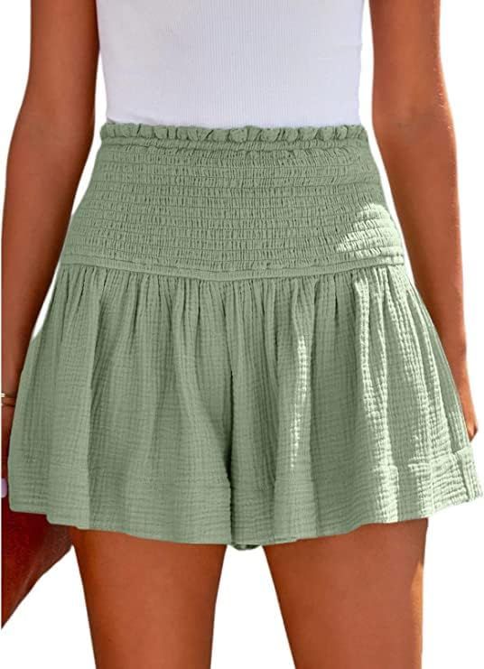 Heyakso Womens Shorts High Elastic Waisted Pleated Ruffle Cute Beach Shorts Flowy Casual Cotton S... | Amazon (US)
