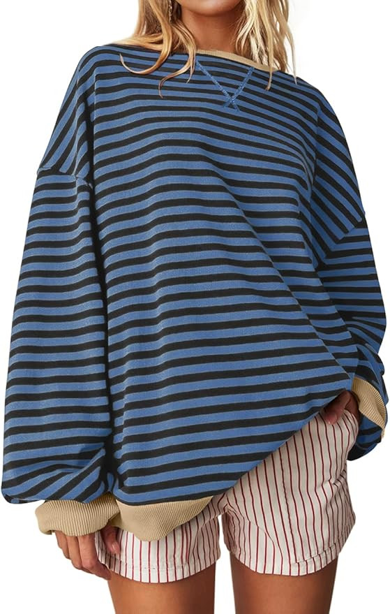 UEU Women Oversized Striped Crewneck Sweatshirt Long Sleeve Color Block Pullover Tops Casual Loos... | Amazon (US)