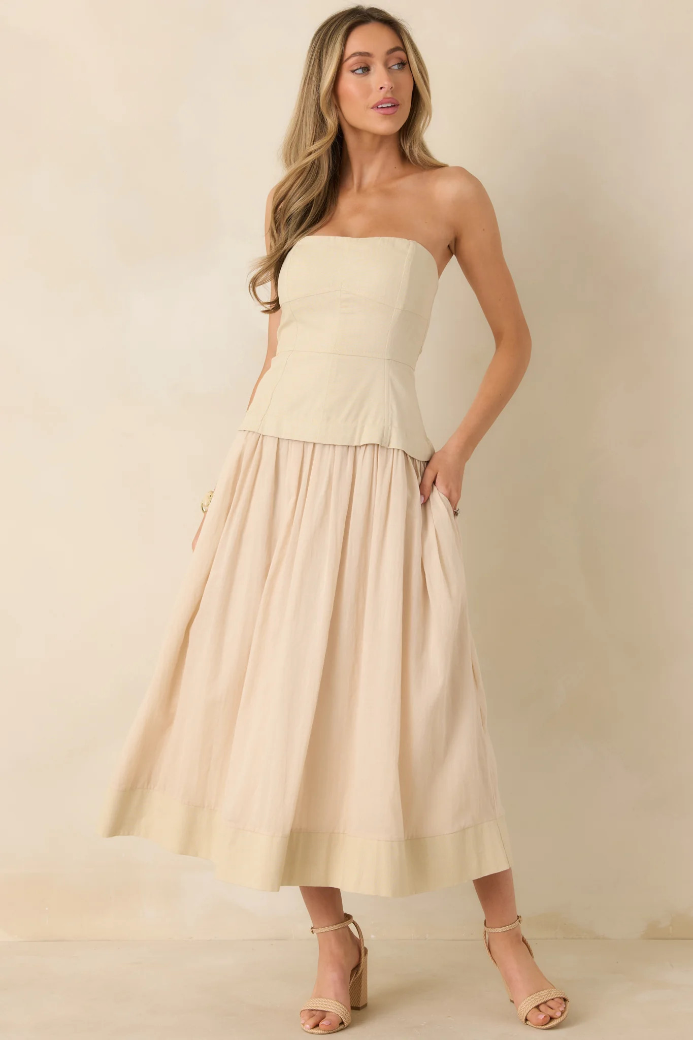 You Already Know Beige Cotton Bustier Bodice Strapless Midi Dress | Red Dress