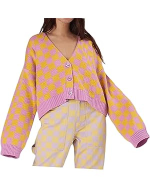 Womens Cropped Cardigan Sweater Argyle Long Sleeve Cherry V Neck Knit Button Up Sweaters Tops Shi... | Amazon (US)