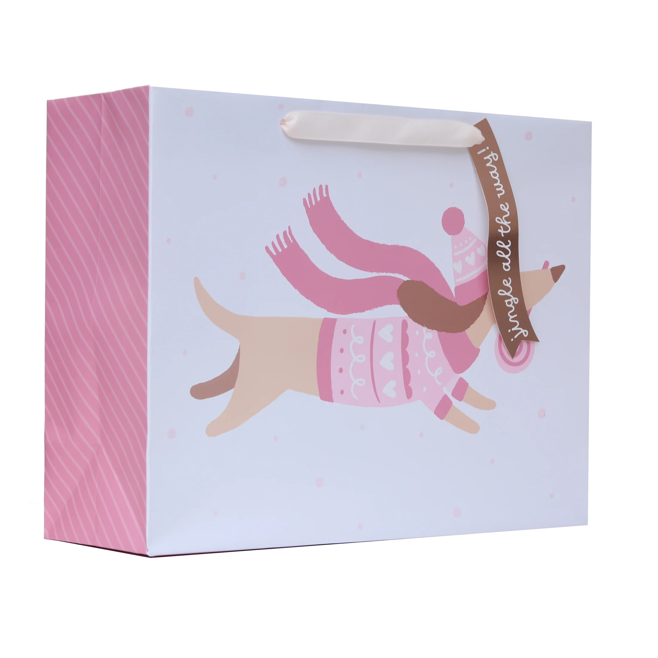 Large Pink and White Dog Christmas Paper Gift Bag, 12.75" x 4.5" x 10", by Holiday Time | Walmart (US)