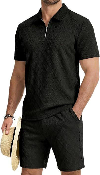 JMIERR Mens 2 Piece Jacquard Outfits Ultra Soft Comfy 1/4 Zip Golf Polo Shirt Shorts Set Tracksui... | Amazon (US)