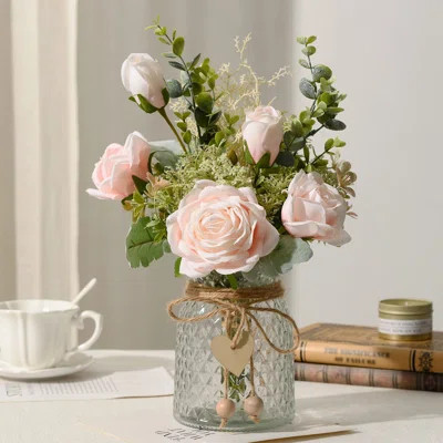 Fake Flowers With Vase, Artificial Flowers Silk Roses Flower Bouquet In Vase, Faux Flower Arrangements,Farmhouse Table Decor,Table Decorations For Liv | Wayfair North America
