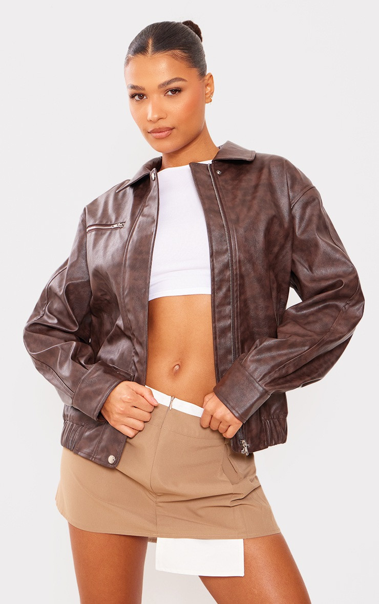 Brown Faux Leather Vintage Look Bomber Jacket | PrettyLittleThing CAN