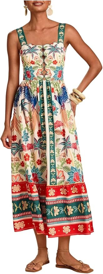 Floerns Women's Summer Floral Long Dress Smocked Flowy Beach Vacation Boho Dresses | Amazon (US)