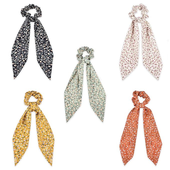 5-Piece Chiffon Classic Floral Bowknot Hair Ties, Elegant Hair Scarf Scrunchies Long Ribbon Ponyt... | Amazon (US)