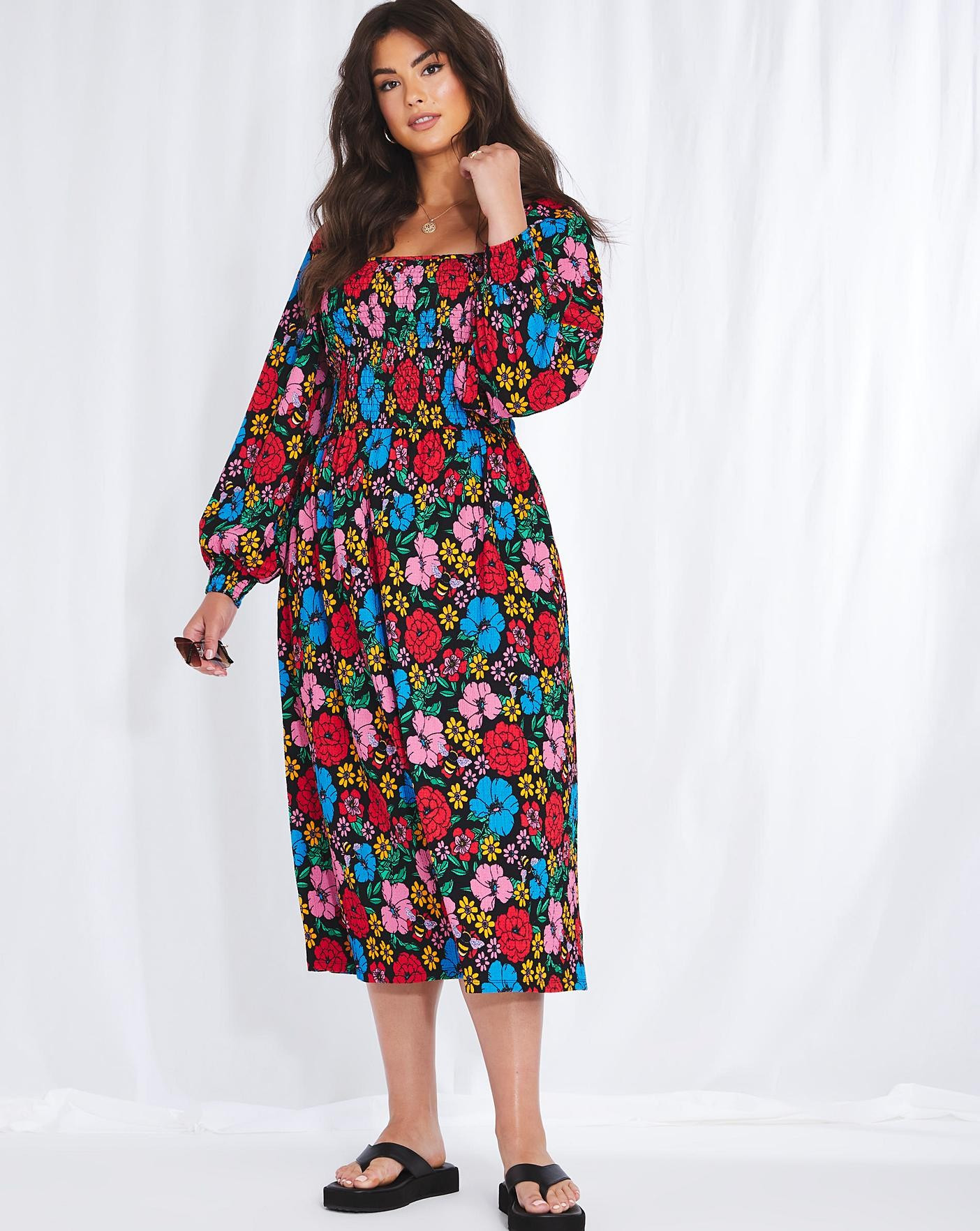 Emma Mattinson Floral Print Long Sleeve Shirred Square Neck Midi Dress | Simply Be (UK)
