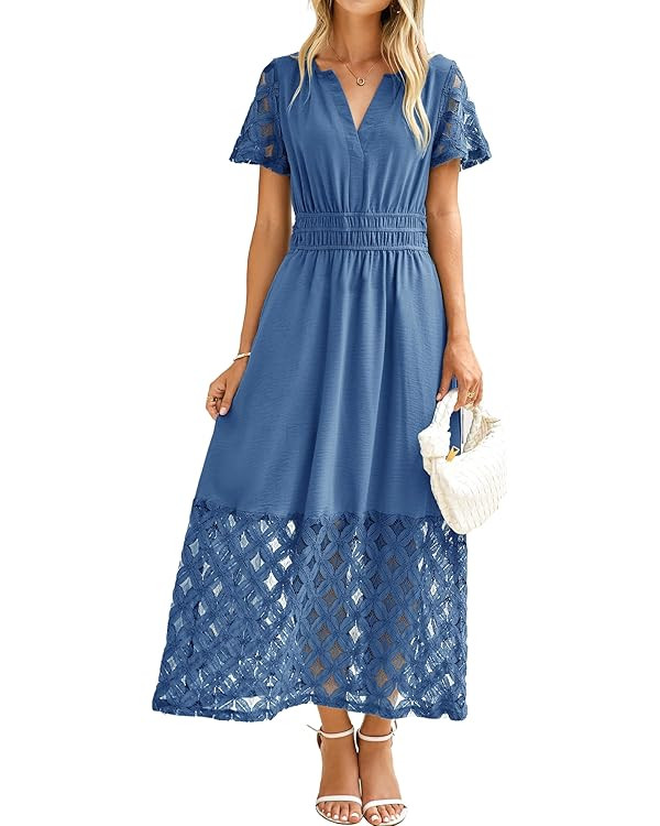 Simplee Womens 2025 Summer Boho Maxi Dress V Neck Empire Waist Long Flowy Dresses with Pockets | Amazon (US)