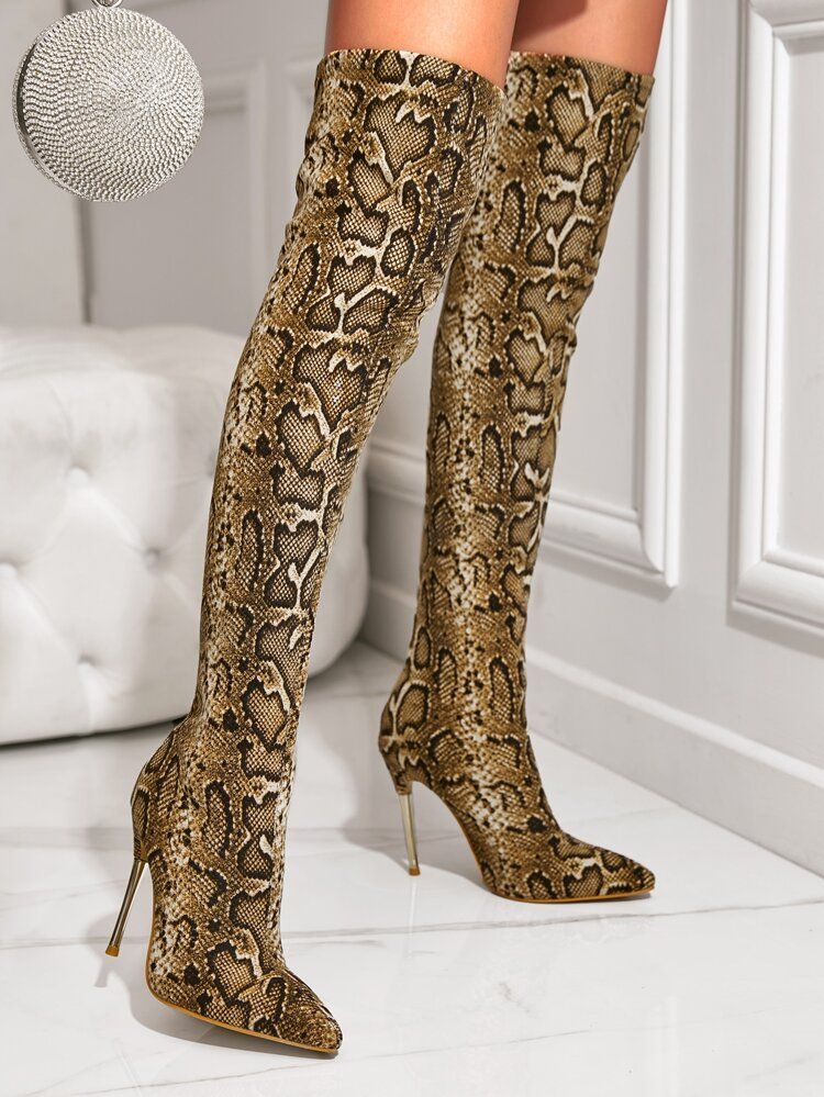 Snakeskin Pattern Point Toe Stiletto Heeled Faux Suede Sock Boots | SHEIN