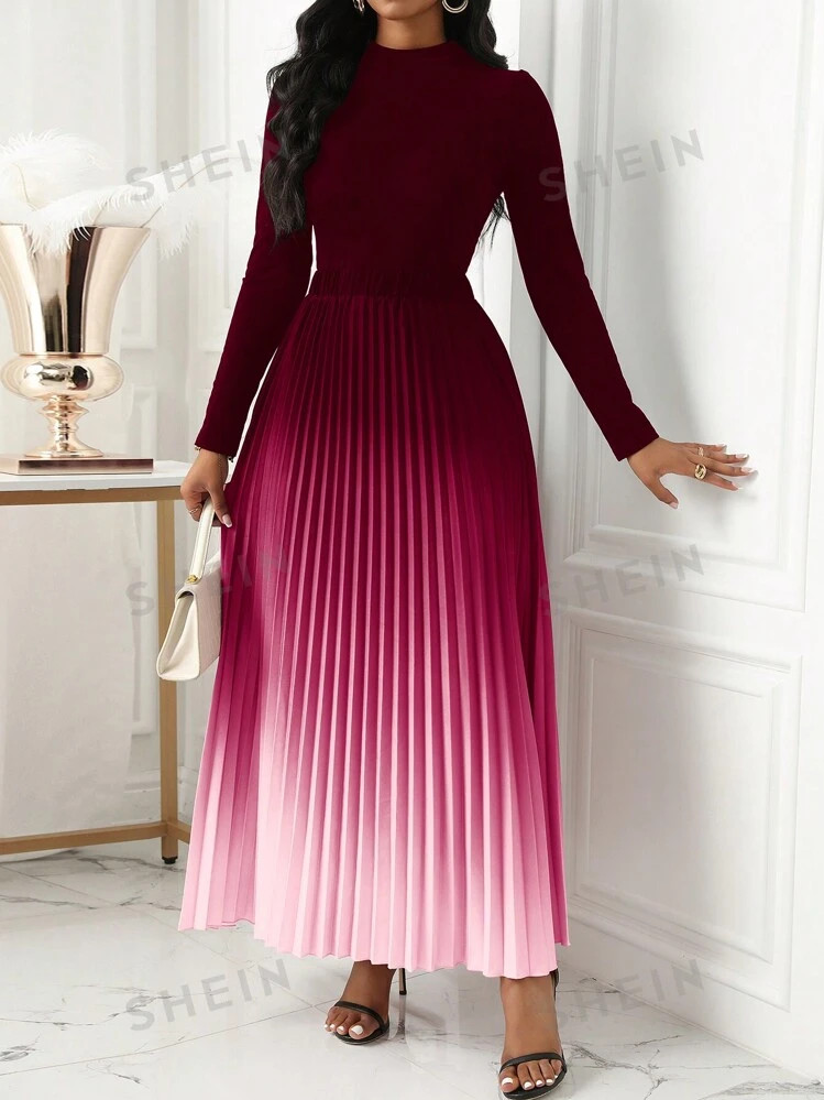 Lyxana 2pcs/Set Women Fitted Sexy Solid Color Long Sleeve Top & Ombre Pleated Skirt | SHEIN