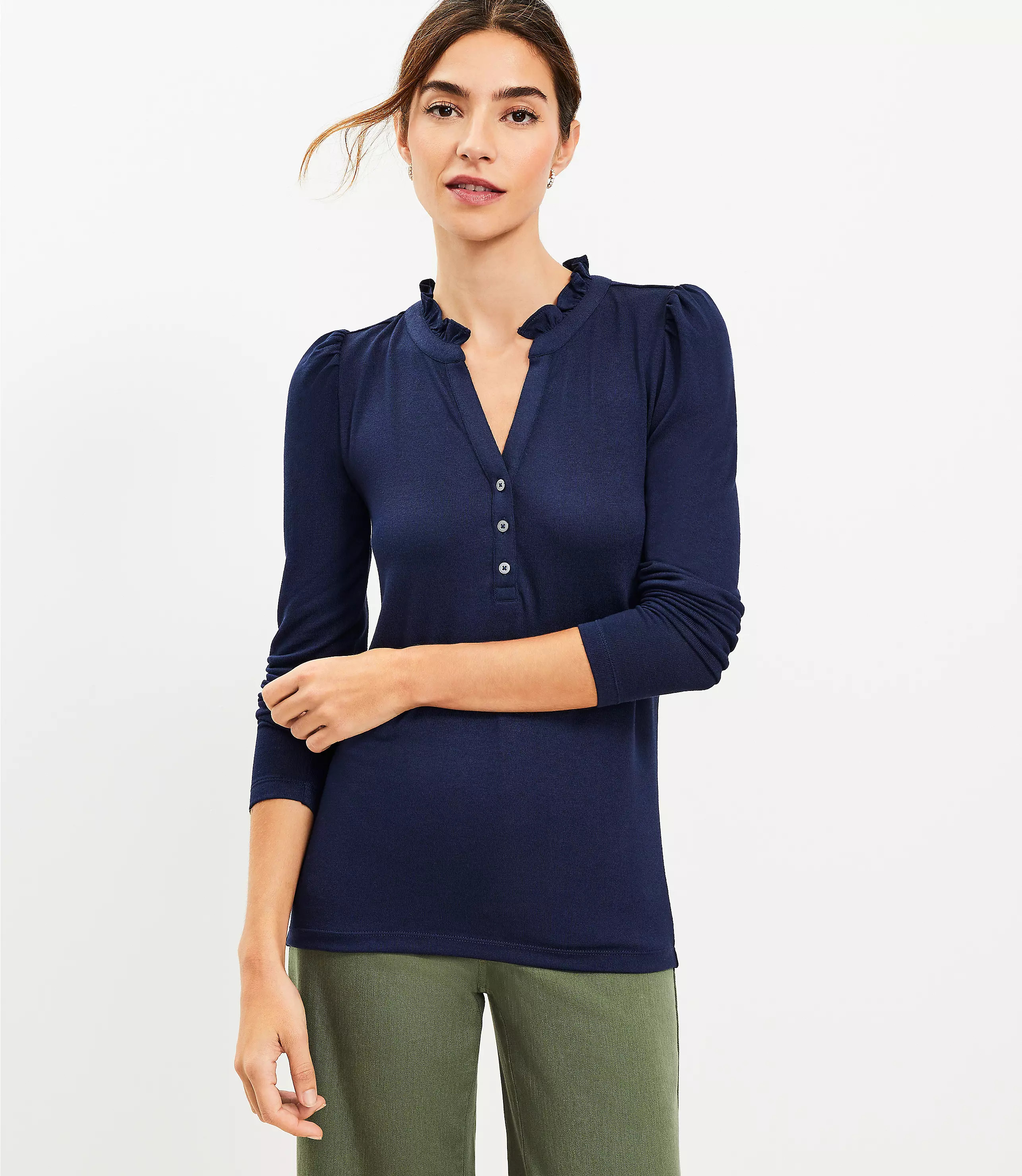 Ruffle Collar Henley Top | LOFT
