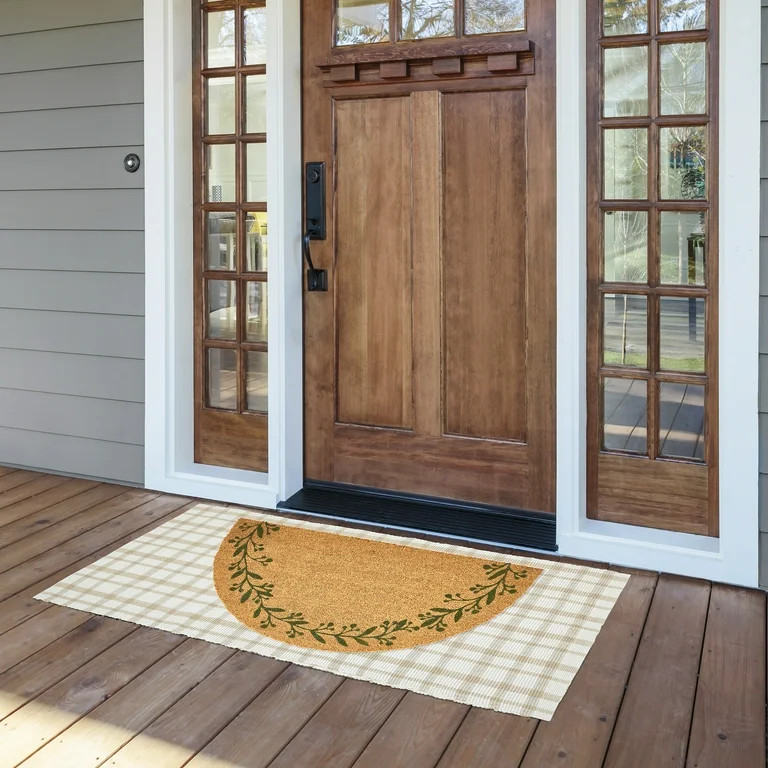 My Texas House Green/Natural Berry Leaf Vine Half Circle Outdoor Coir Doormat, 30" x 48" | Walmart (US)