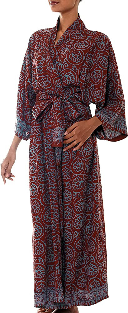 NOVICA Burgundy Gray Handmade Floral Batik Long Robe, Morning Aster' | Amazon (US)