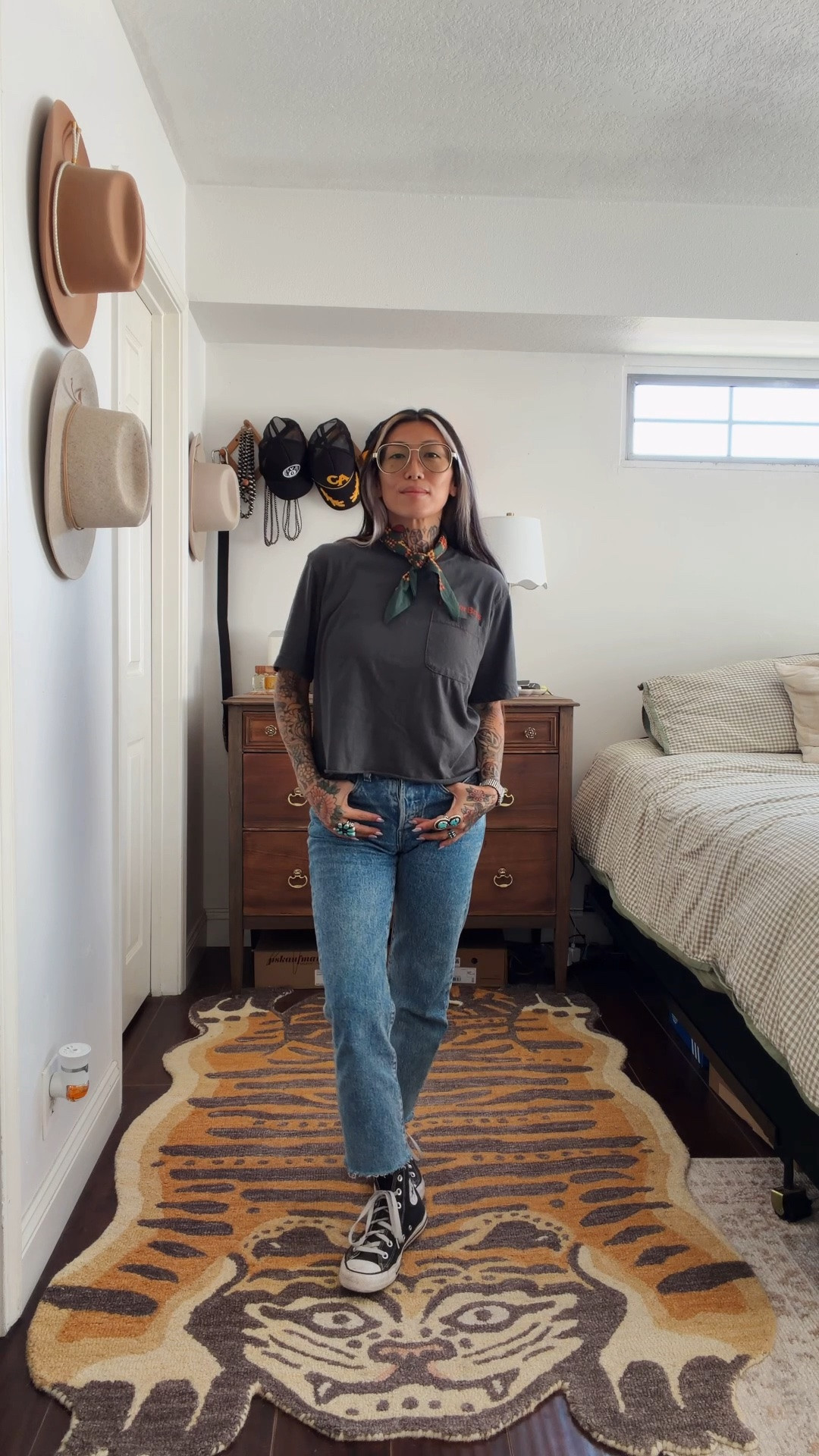 It’s Thursday. Come on, let’s get dressed ❤️

Choosing “easy” when you wake up with a killer headache is sometimes the route we need to go. Always feeling a bit more put together after accessorizing. 

Top: men’s cropped @howlerbros 
Jeans: wedgie straight @levis 
Rings: @americandecaychicago @theponyexpress 
Watch: the Coda @bredastudio 
Bandana: no. 155 Royce @handker_bandanas 
Glasses: the Heston @efeglasses_official 
Shoes: @converse 
Dry Shampoo: AirWash @k18hair

#LTKgrwm #LTKdayinmylife #LTKootd