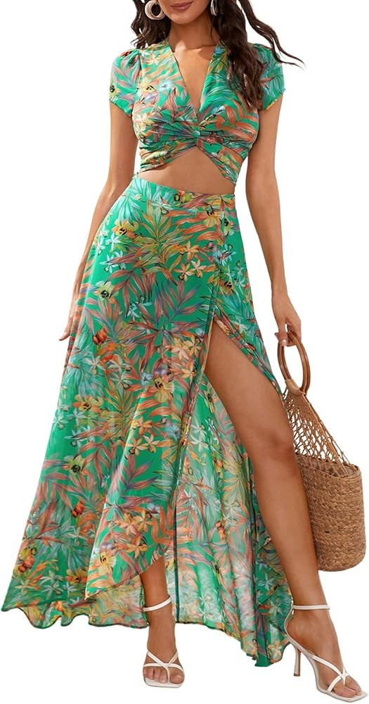 Floerns Women's 2 Piece Boho Twist Front Top and High Split Maxi Skirt Set | Amazon (US)