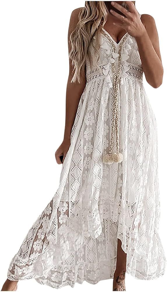 Women Bohemian Spaghetti Strap Floral Lace Maxi Dresses Beach Party Flowy Sundress Cami Long Dres... | Amazon (US)