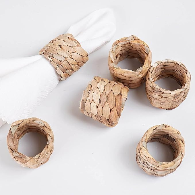 ATTAONE 6pcs Round Woven Napkin Ring, Water Hyacinth Napkins Holder, Handmade Braided Natural Nap... | Amazon (US)